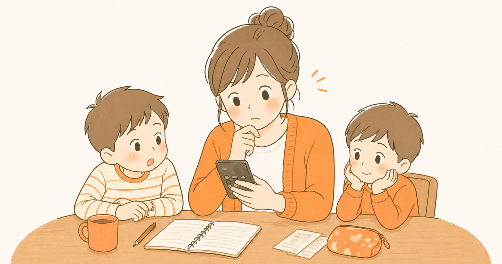 2人の子どもと一緒に計算するママのイラスト