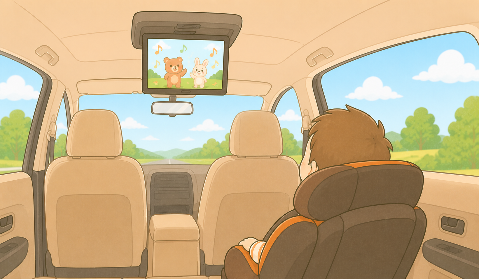 車内でDVDを見ている子どものイラスト
