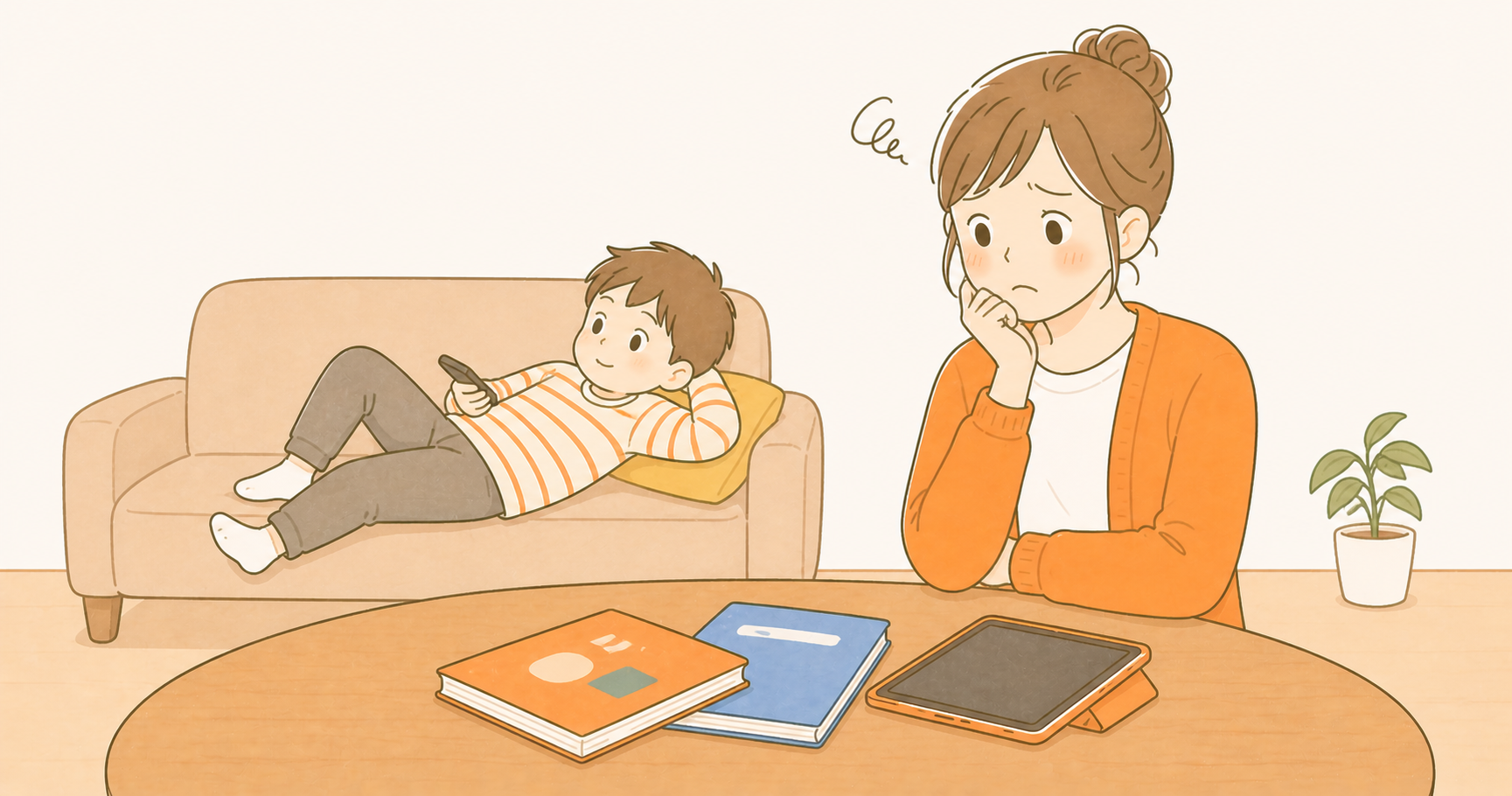 手つかずの教材と困り顔のママのイラスト