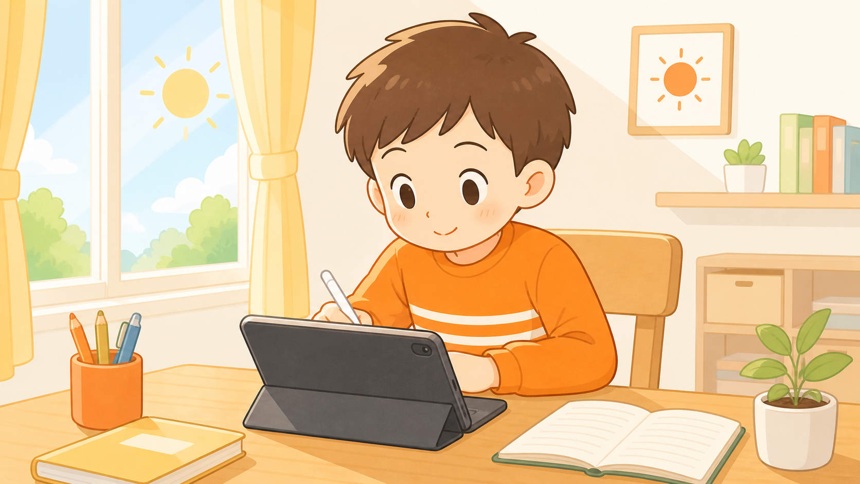 毎朝タブレットで勉強する男の子