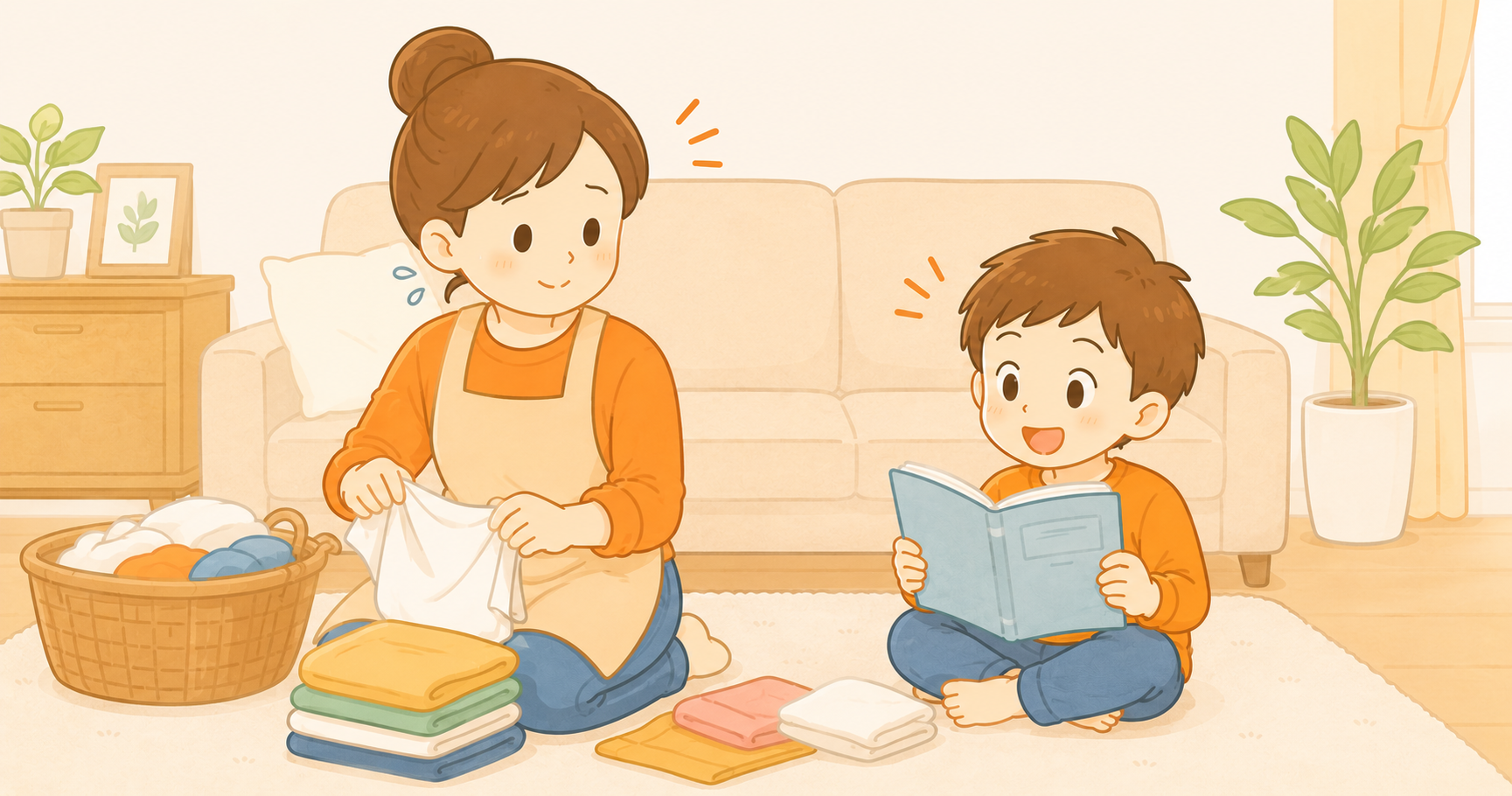 洗濯物をたたみながら音読を聞くママ