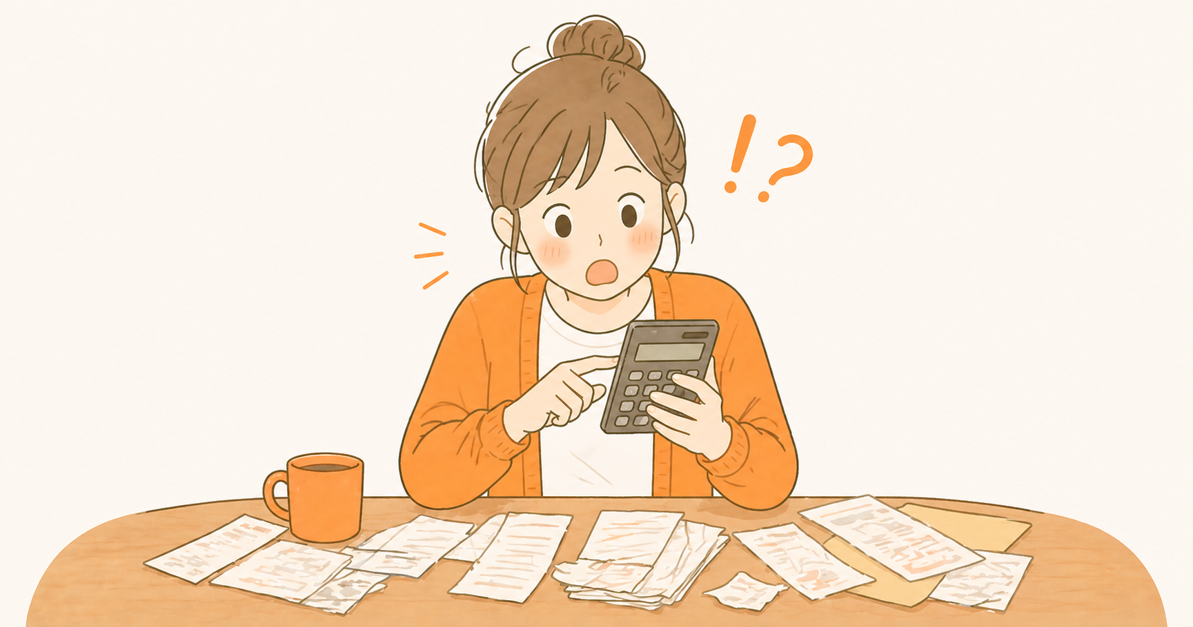 電卓で計算して驚くママのイラスト