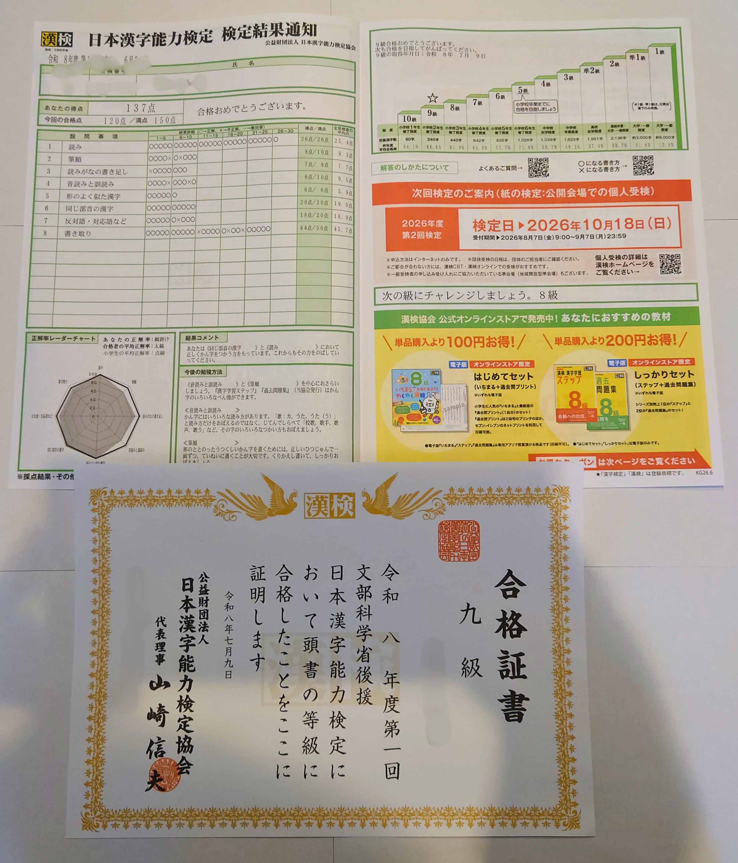 漢検9級 結果通知と合格証書