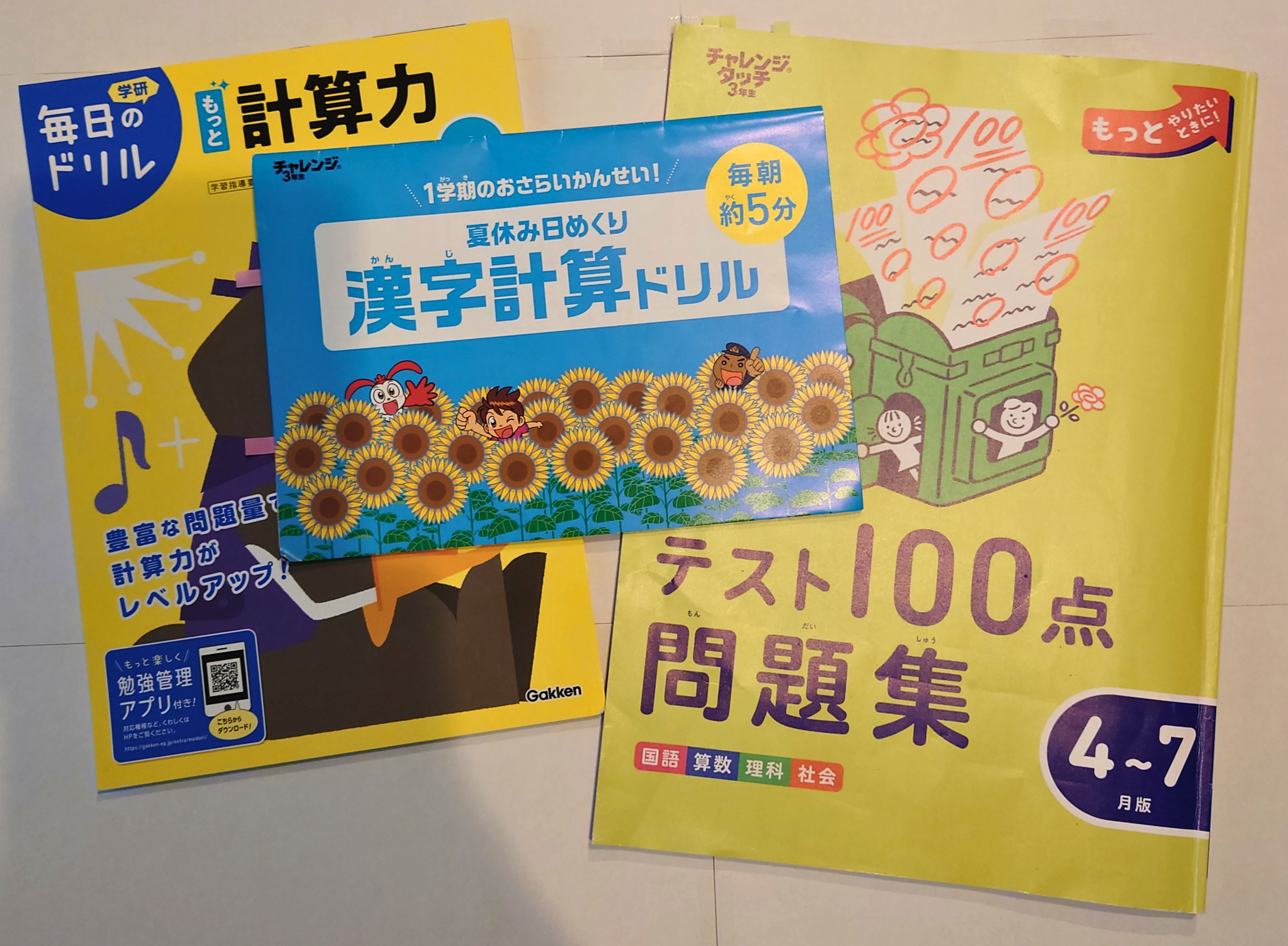 夏休みに使った教材たち。進研ゼミの漢字計算ドリル・テスト100点問題集と、市販の計算ドリル